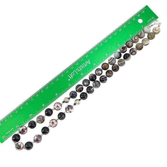 Vintage Style Banded Agate Cloisonne & Sterling Silver Beaded Necklace 24” Boho - Picture 7 of 7